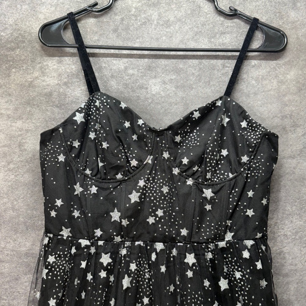 Betsey Johnson Celestial Star Print Mesh Tiered Midi Dress Size 8 Black Silver - Picture 2 of 14